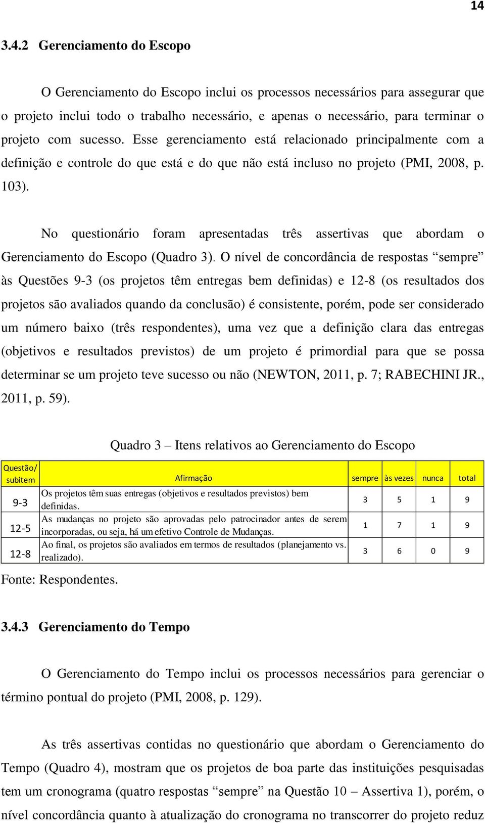 No questionário foram apresentadas três assertivas que abordam o Gerenciamento do Escopo (Quadro 3).