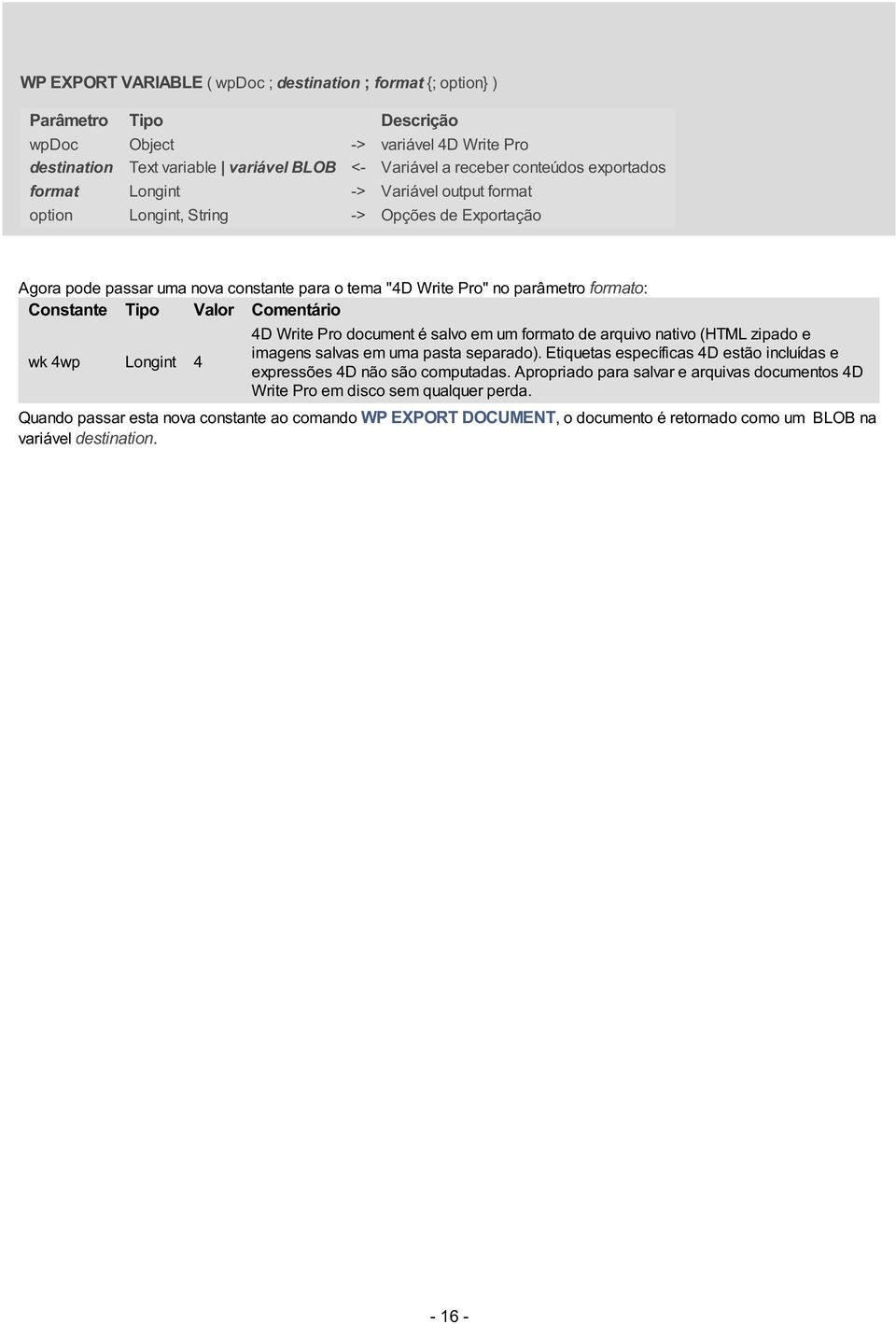 Valor Comentário wk 4wp Longint 4 4D Write Pro document é salvo em um formato de arquivo nativo (HTML zipado e imagens salvas em uma pasta separado).
