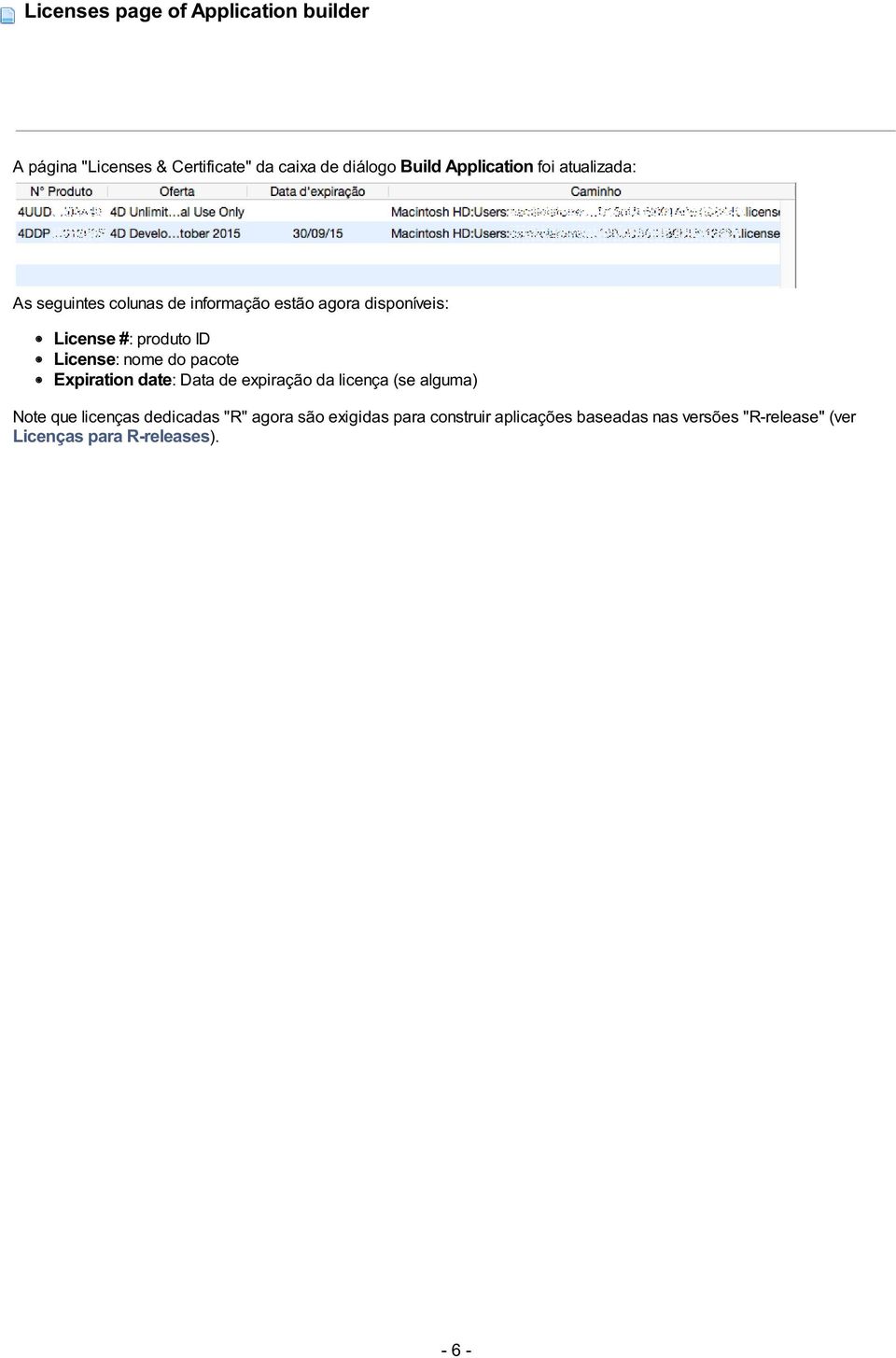 nome do pacote Expiration date: Data de expiração da licença (se alguma) Note que licenças dedicadas "R"