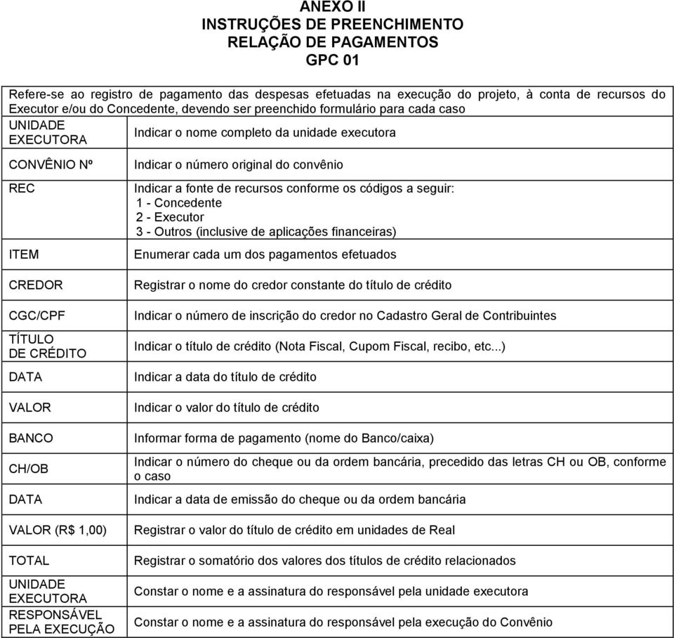 - Executor 3 - Outros (inclusive de aplicações financeiras) Enumerar cada um dos pagamentos efetuados Registrar o nome do credor constante do título de crédito Indicar o número de inscrição do credor