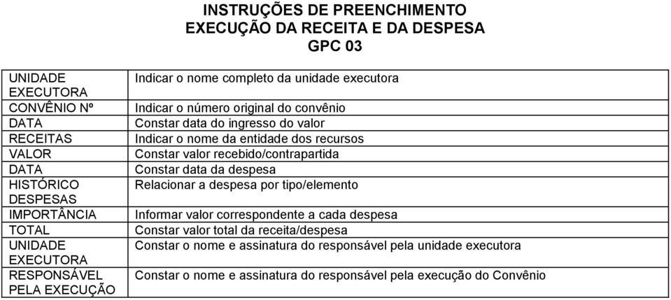 valor recebido/contrapartida Constar data da despesa Relacionar a despesa por