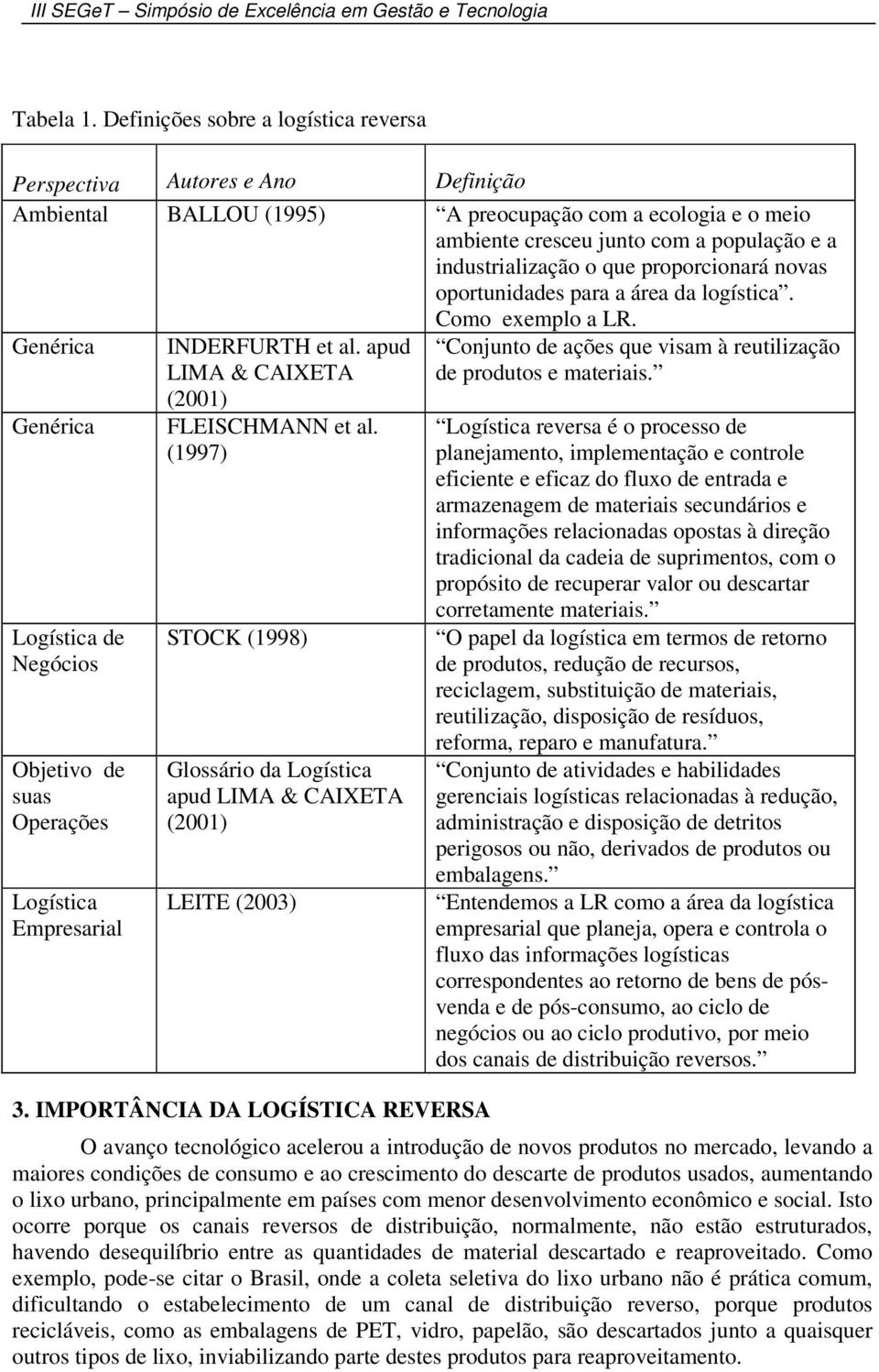 que proporcionará novas oportunidades para a área da logística. Como exemplo a LR. Genérica Genérica Logística de Negócios Objetivo de suas Operações Logística Empresarial INDERFURTH et al.