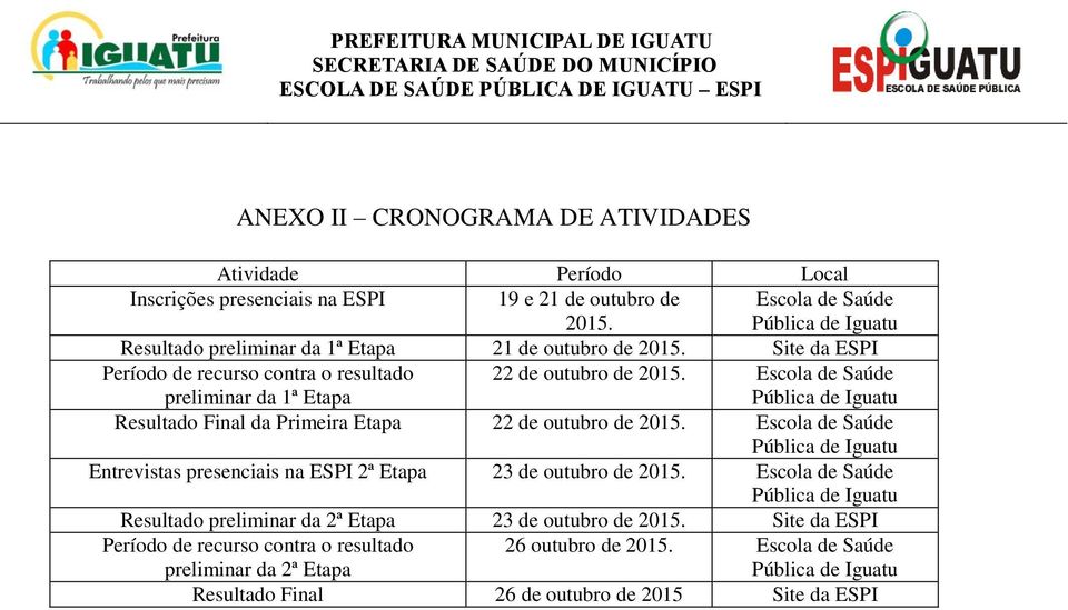 Escola de Saúde Pública de Iguatu Resultado Final da Primeira Etapa 22 de outubro de 2015. Escola de Saúde Pública de Iguatu Entrevistas presenciais na ESPI 2ª Etapa 23 de outubro de 2015.