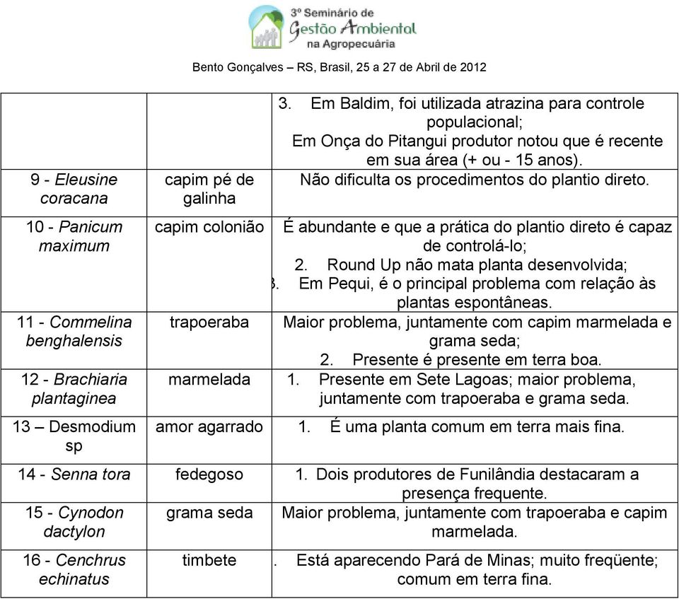 capim pé de Não dificulta os procedimentos do plantio direto. galinha capim colonião 1. É abundante e que a prática do plantio direto é capaz de controlá-lo; 2.