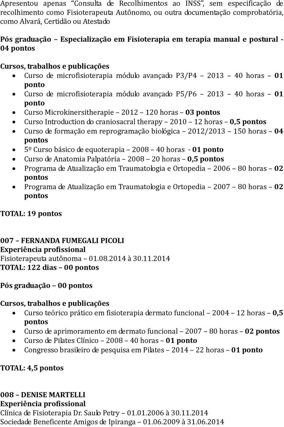 2013 40 horas 01 ponto Curso Microkinersitherapie 2012 120 horas 03 Curso Introduction do craniosacral therapy 2010 12 horas 0,5 Curso de formação em reprogramação biológica 2012/2013 150 horas 04 5º