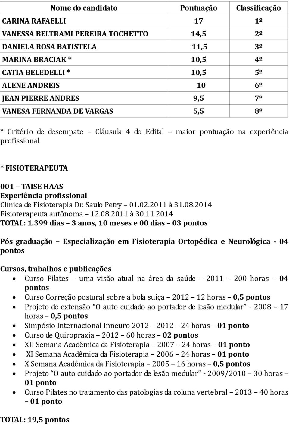 Clínica de Fisioterapia Dr. Saulo Petry 01.02.2011 à 31.08.2014 Fisioterapeuta autônoma 12.08.2011 à 30.11.2014 TOTAL: 1.