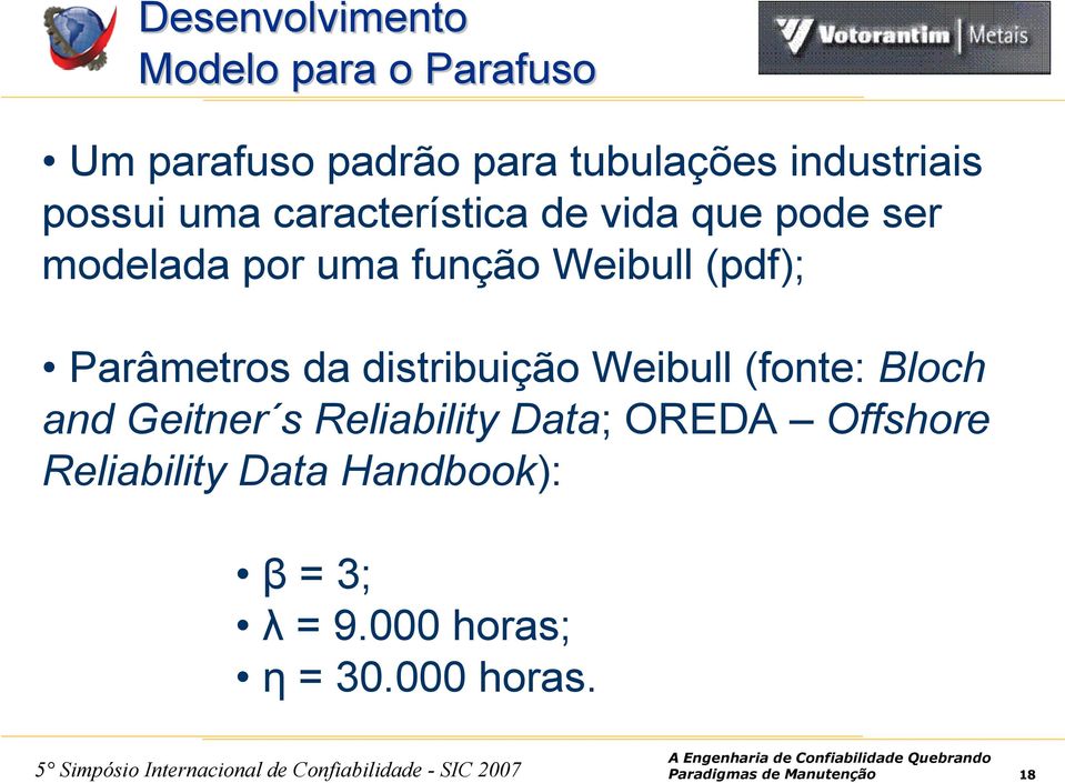 Parâmetros da distribuição Weibull (fonte: Bloch and Geitner s Reliability Data; OREDA