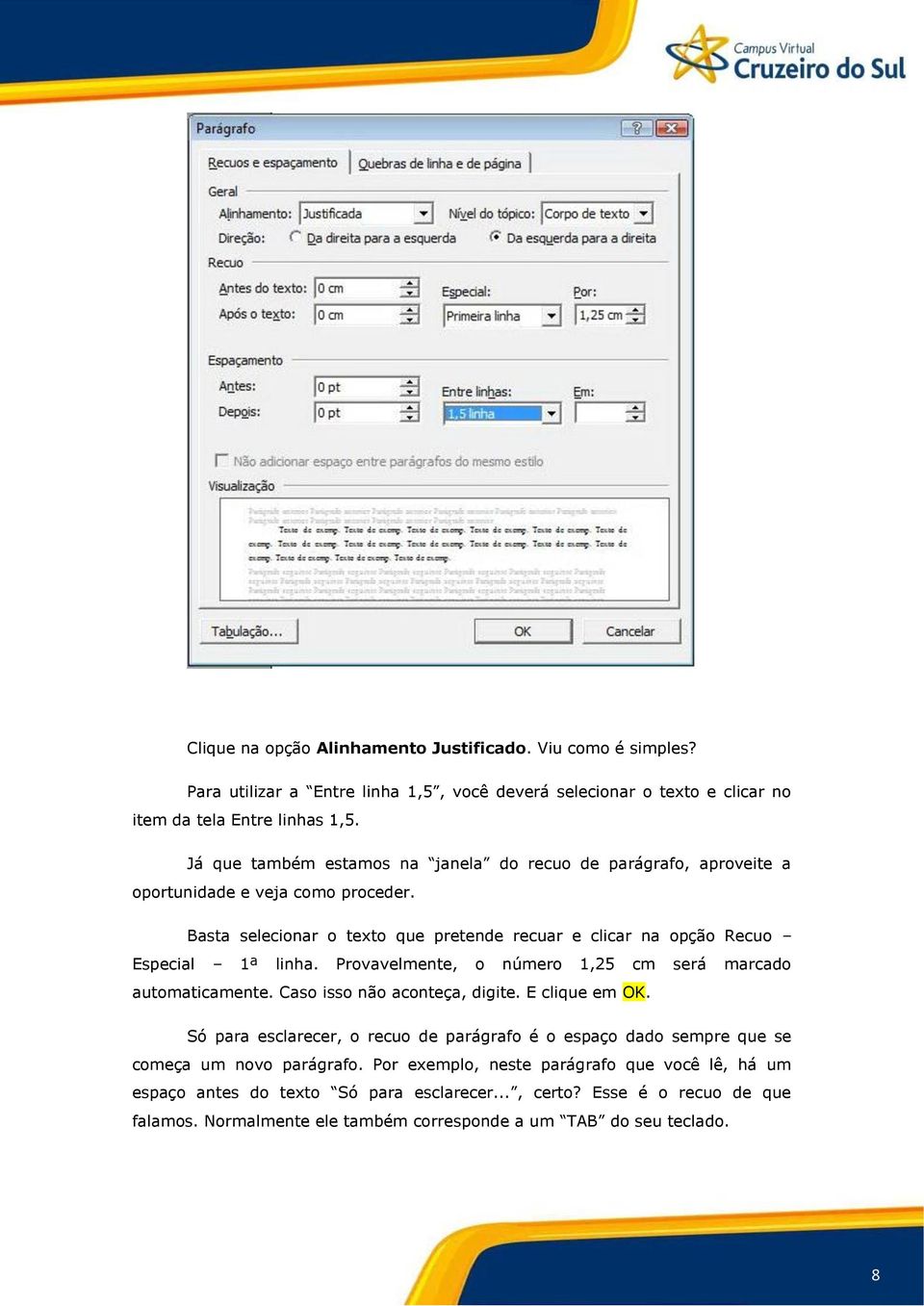 Provavelmente, o número 1,25 cm será marcado automaticamente. Caso isso não aconteça, digite. E clique em OK.