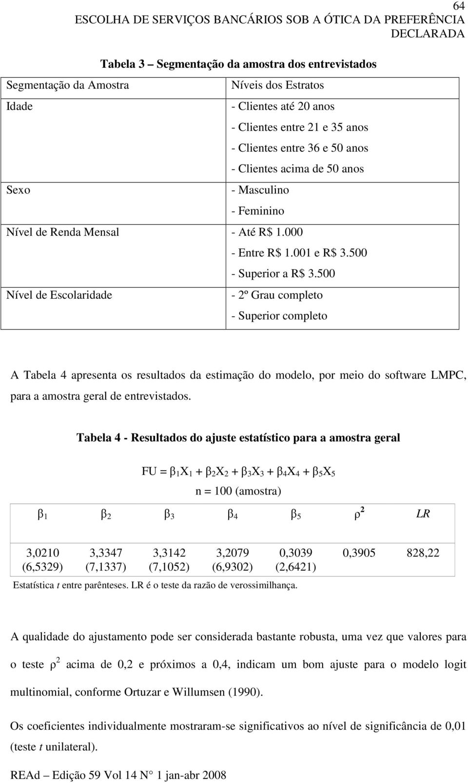 500 - Superior a R$ 3.500-2º Grau completo - Superior completo A Tabela 4 apresenta os resultados da estimação do modelo, por meio do software LMPC, para a amostra geral de entrevistados.