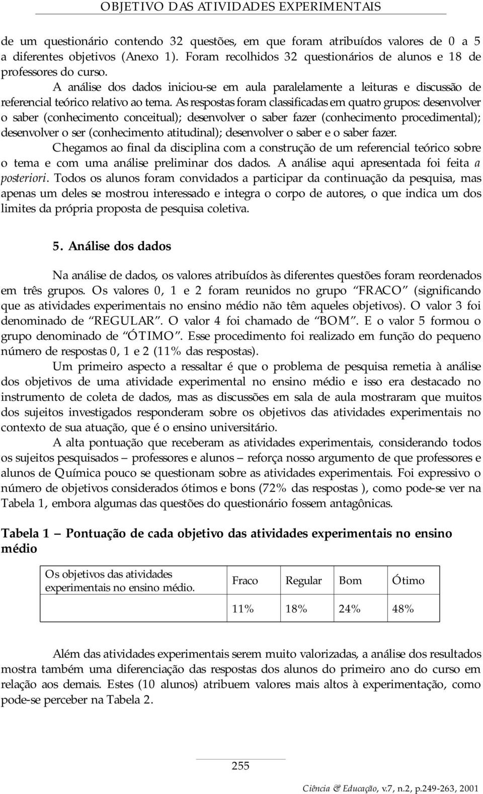 As respostas foram classificadas em quatro grupos: desenvolver o saber (conhecimento conceitual); desenvolver o saber fazer (conhecimento procedimental); desenvolver o ser (conhecimento atitudinal);