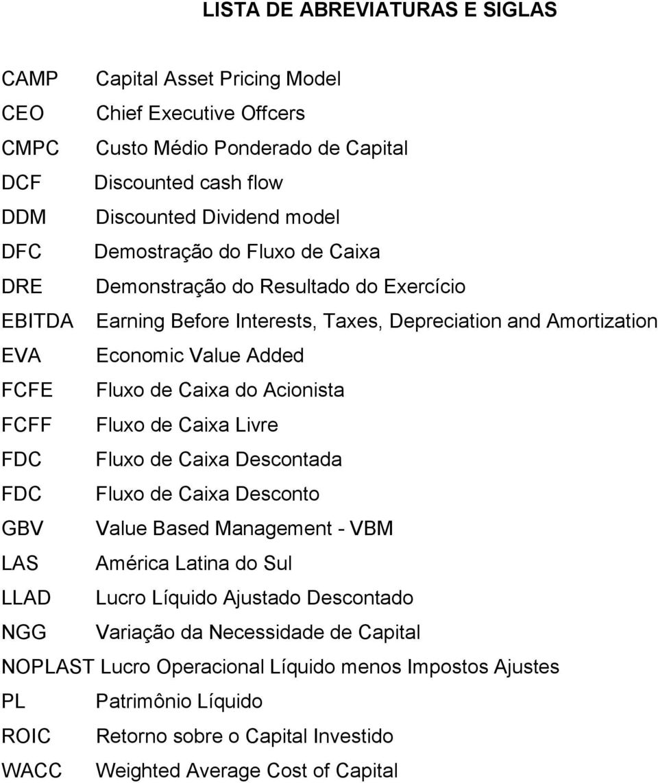 Acionista FCFF Fluxo de Caixa Livre FDC Fluxo de Caixa Descontada FDC Fluxo de Caixa Desconto GBV Value Based Management - VBM LAS América Latina do Sul LLAD Lucro Líquido Ajustado Descontado