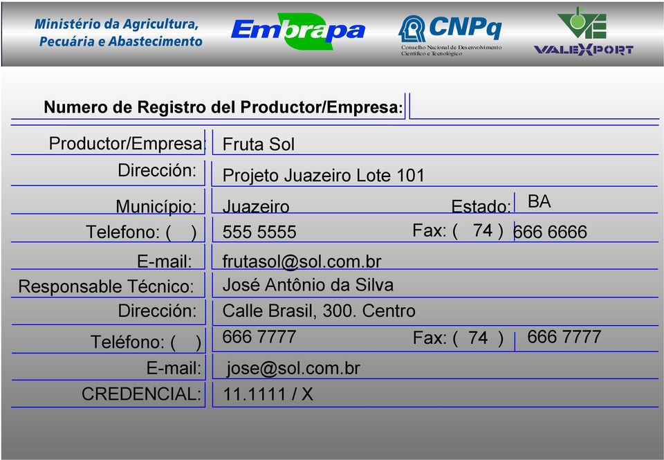 Juazeiro Lote 101 Juazeiro Estado: BA 555 5555 Fax: ( 74 ) 666 6666 frutasol@sol.com.