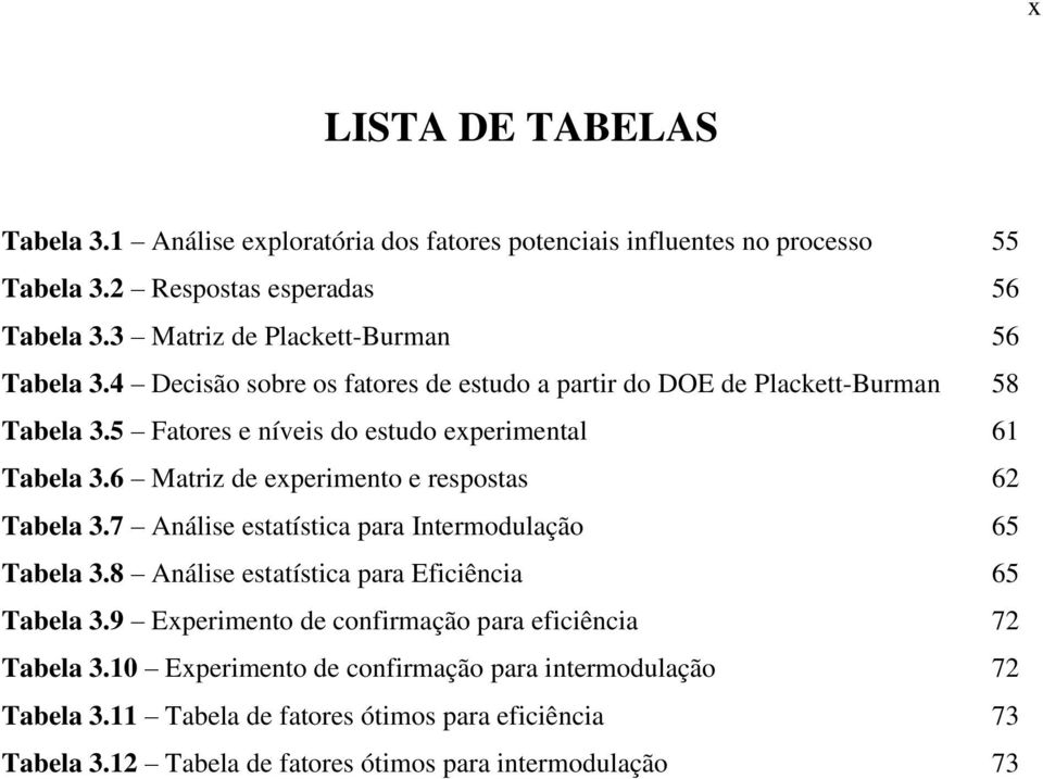 5 Fatores e níveis do estudo experimental 61 Tabela 3.6 Matriz de experimento e respostas 62 Tabela 3.7 Análise estatística para Intermodulação 65 Tabela 3.