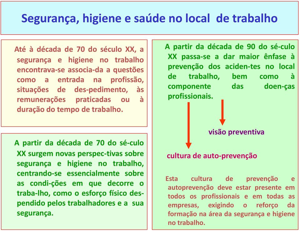 A partir da década de 70 do sé-culo XX surgem novas perspec-tivas sobre segurança e higiene no trabalho, centrando-se essencialmente sobre as condi-ções em que decorre o traba-lho, como o esforço