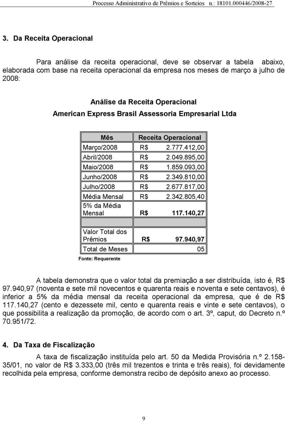 810,00 Julho/2008 R$ 2.677.817,00 Média Mensal R$ 2.342.805,40 5% da Média Mensal R$ 117.140,27 Valor Total dos Prêmios R$ 97.