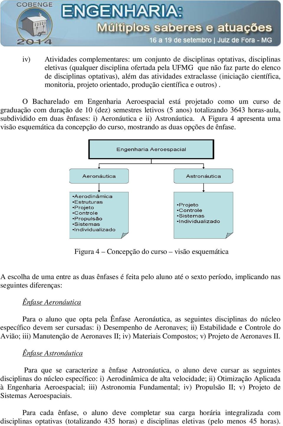 O Bacharelado em Engenharia Aeroespacial está projetado como um curso de graduação com duração de 10 (dez) semestres letivos (5 anos) totalizando 3643 horas-aula, subdividido em duas ênfases: i)