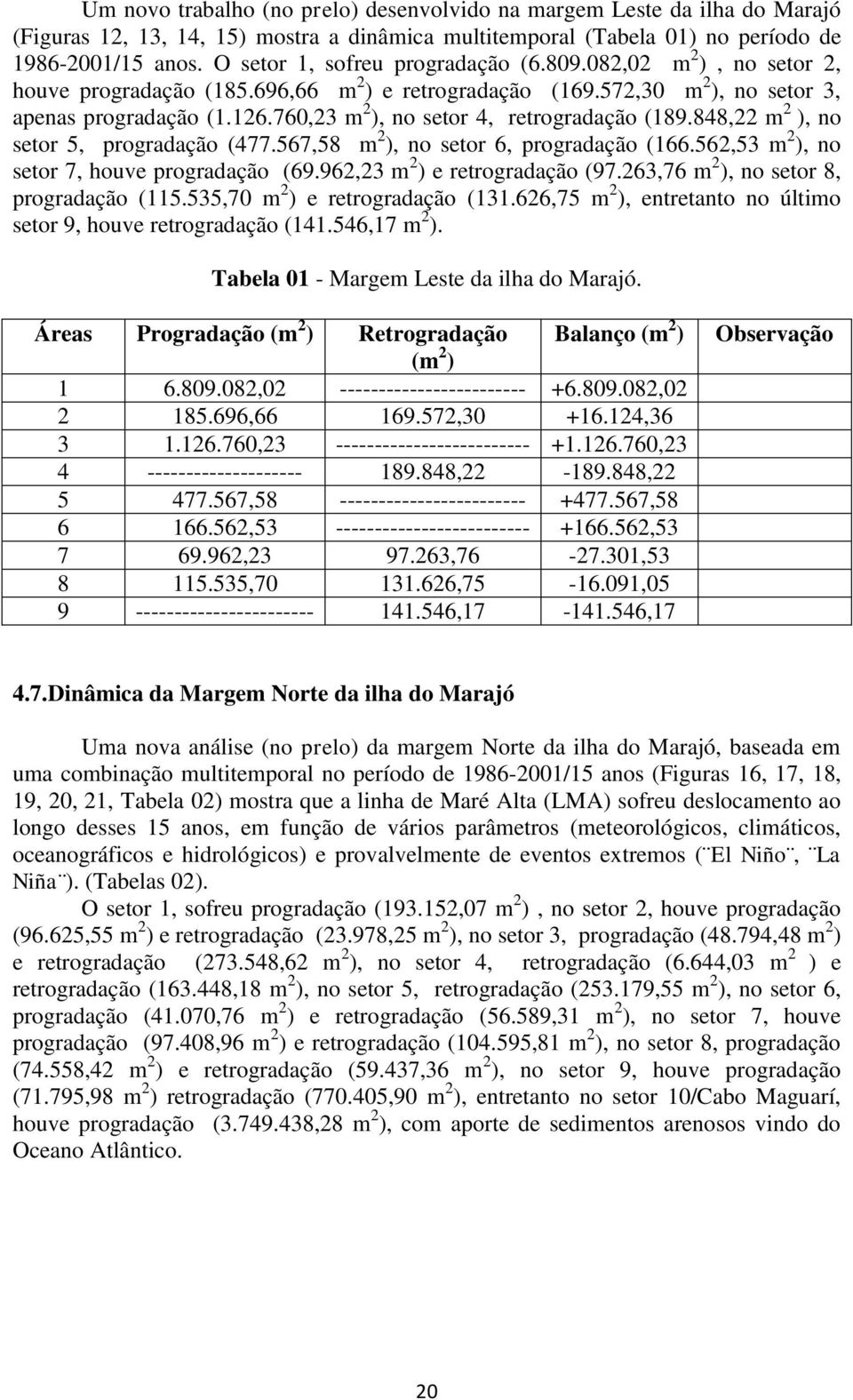 760,23 m 2 ), no setor 4, retrogradação (189.848,22 m 2 ), no setor 5, progradação (477.567,58 m 2 ), no setor 6, progradação (166.562,53 m 2 ), no setor 7, houve progradação (69.