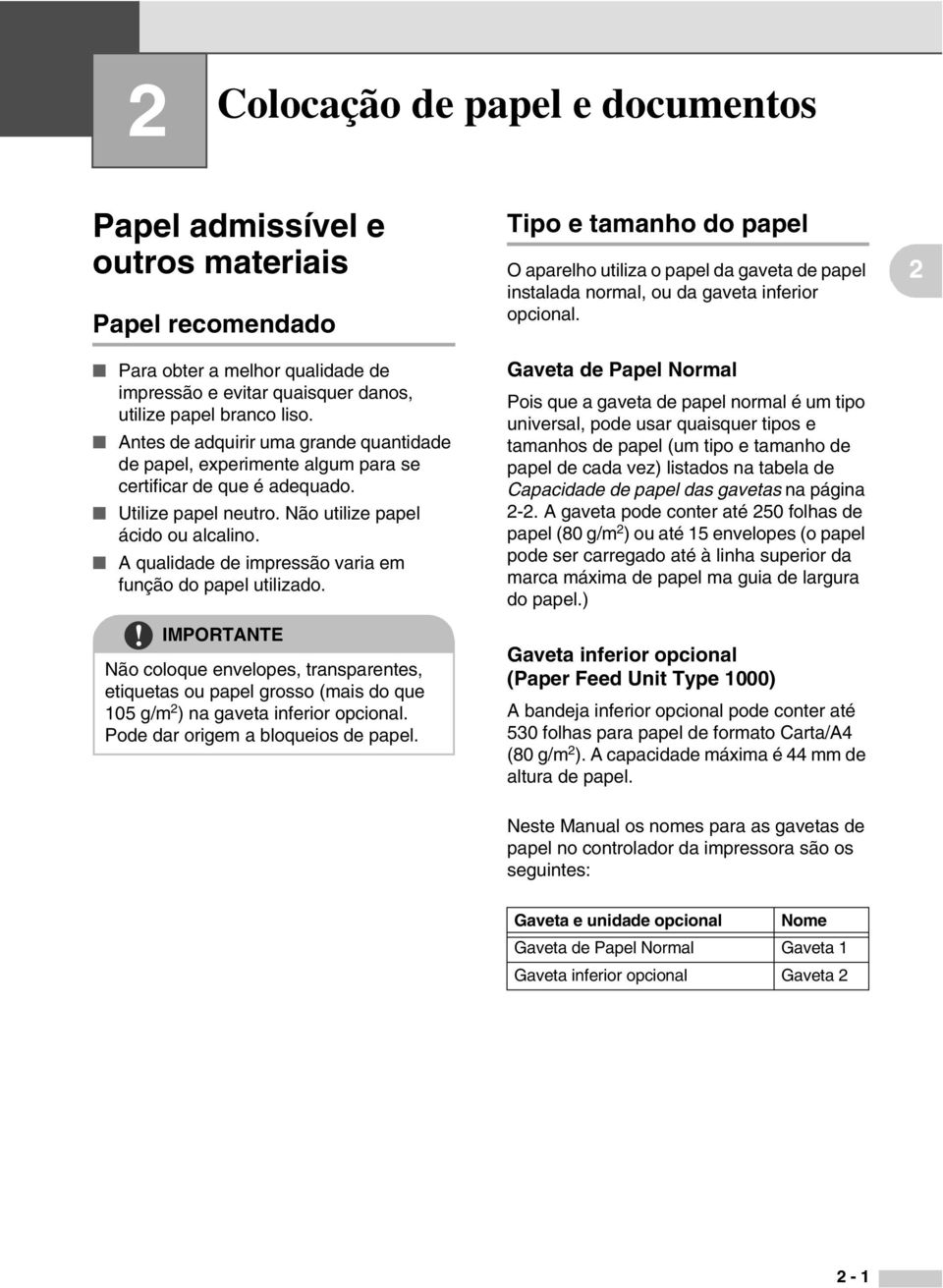 A qualidade de impressão varia em função do papel utilizado. IMPORTANTE Não coloque envelopes, transparentes, etiquetas ou papel grosso (mais do que 105 g/m 2 ) na gaveta inferior opcional.