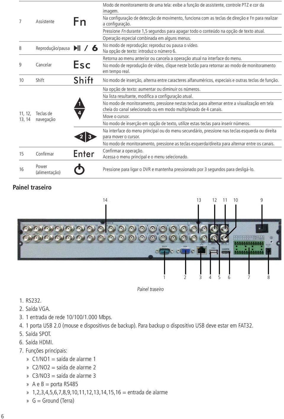 Operação especial combinada em alguns menus. No modo de reprodução: reproduz ou pausa o vídeo. Na opção de texto: introduz o número 6.