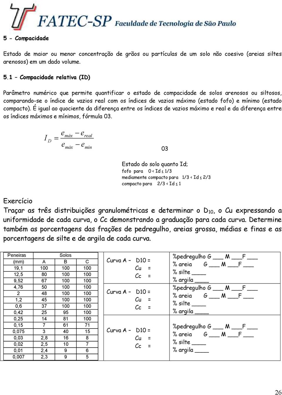 (estado fofo) e mínimo (estado compacto). É igual ao quociente da diferença entre os índices de vazios máximo e real e da diferença entre os índices máximos e mínimos, fórmula 03.