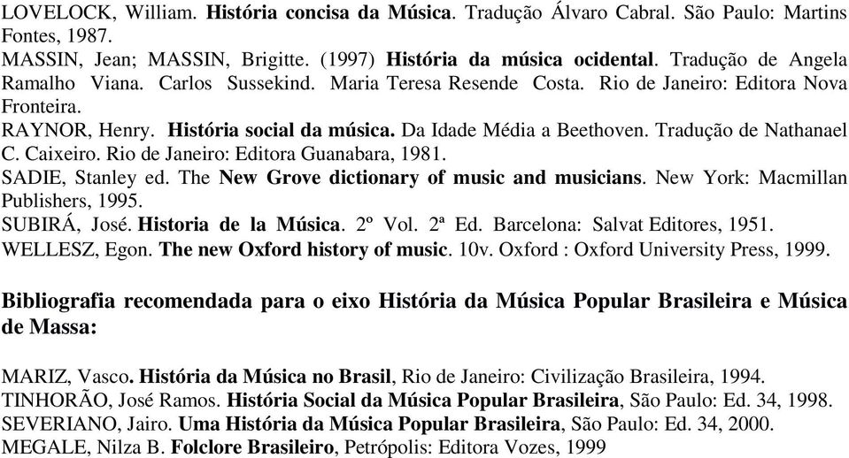 Tradução de Nathanael C. Caixeiro. Rio de Janeiro: Editora Guanabara, 1981. SADIE, Stanley ed. The New Grove dictionary of music and musicians. New York: Macmillan Publishers, 1995. SUBIRÁ, José.