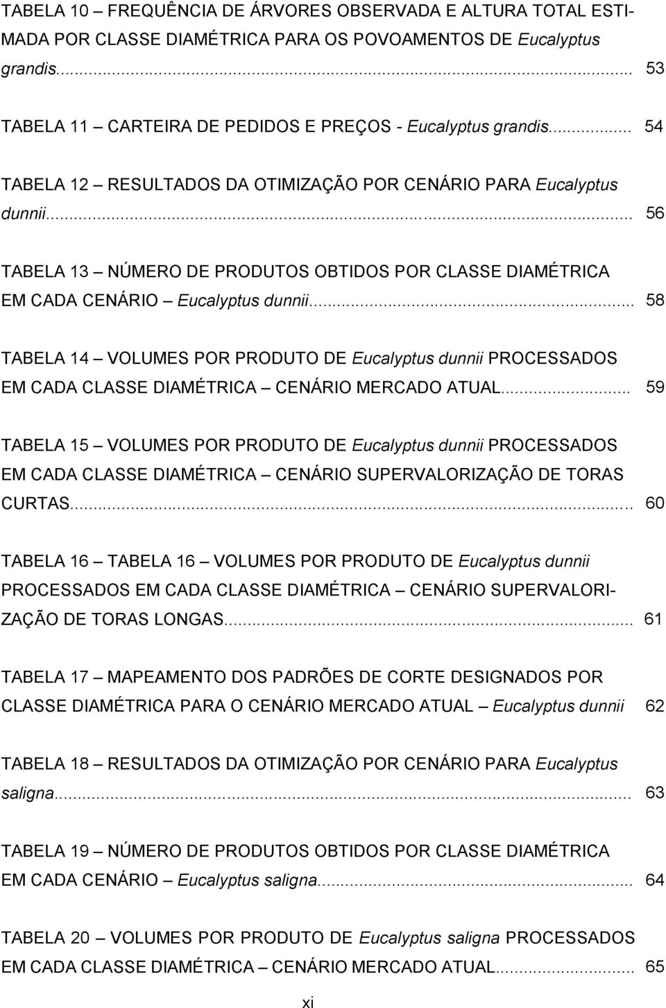 .. 58 TABELA 14 VOLUMES POR PRODUTO DE Eucalyptus dunnii PROCESSADOS EM CADA CLASSE DIAMÉTRICA CENÁRIO MERCADO ATUAL.