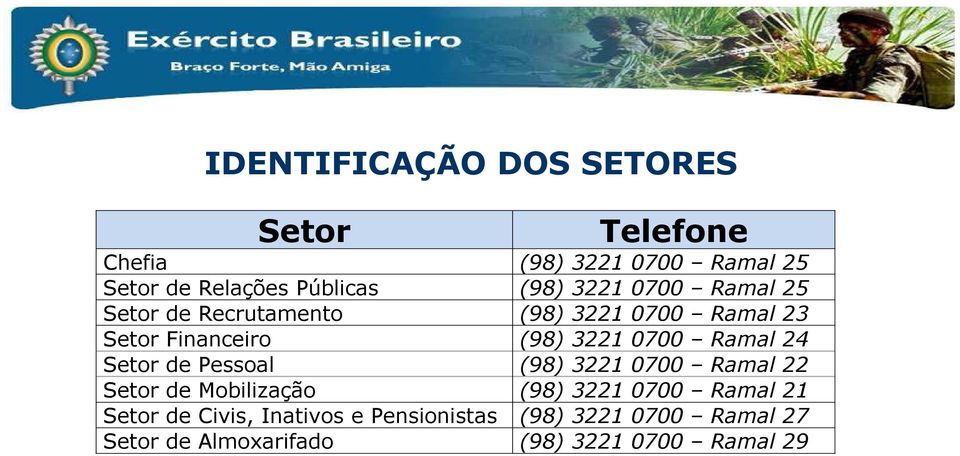 Ramal 24 Setor de Pessoal (98) 3221 0700 Ramal 22 Setor de Mobilização (98) 3221 0700 Ramal 21 Setor