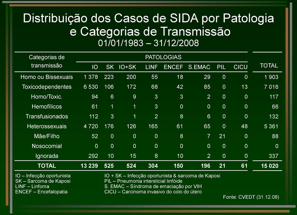 94 6 9 3 3 2 0 0 Hemofílicos 61 1 1 3 0 0 0 0 Transfusionados 112 3 1 2 8 6 0 0 Heterossexuais 4 720 176 126 165 61 65 0 48 Mãe/Filho 52 0 0 0 8 7 21 0 Nosocomial 0 0 0 0 0 0 0 0 Ignorada 292 10 15 8