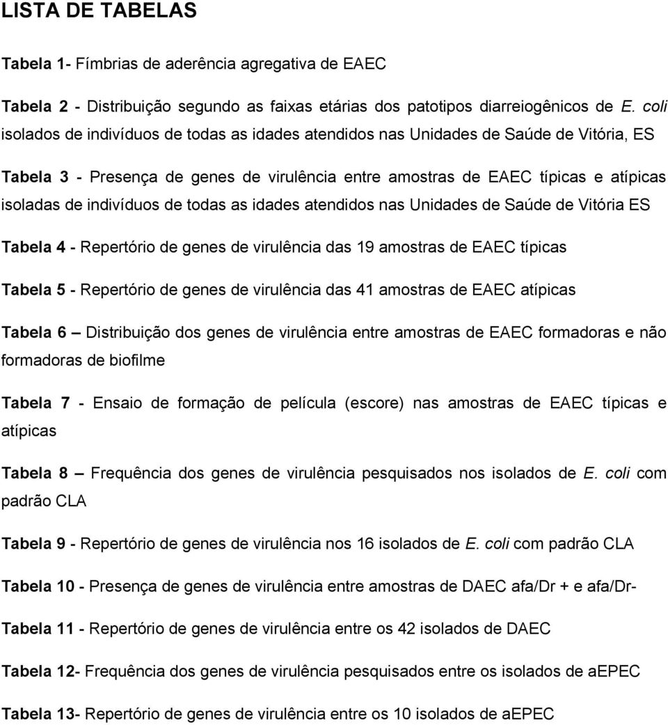 indivíduos de todas as idades atendidos nas Unidades de Saúde de Vitória ES Tabela 4 - Repertório de genes de virulência das 19 amostras de EAEC típicas Tabela 5 - Repertório de genes de virulência