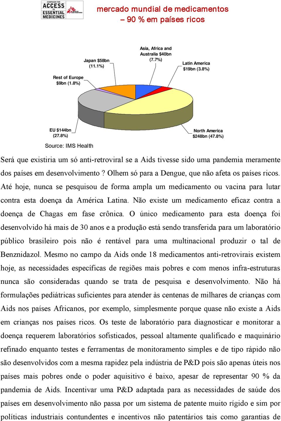 Olhem só para a Dengue, que não afeta os países ricos. Até hoje, nunca se pesquisou de forma ampla um medicamento ou vacina para lutar contra esta doença da América Latina.