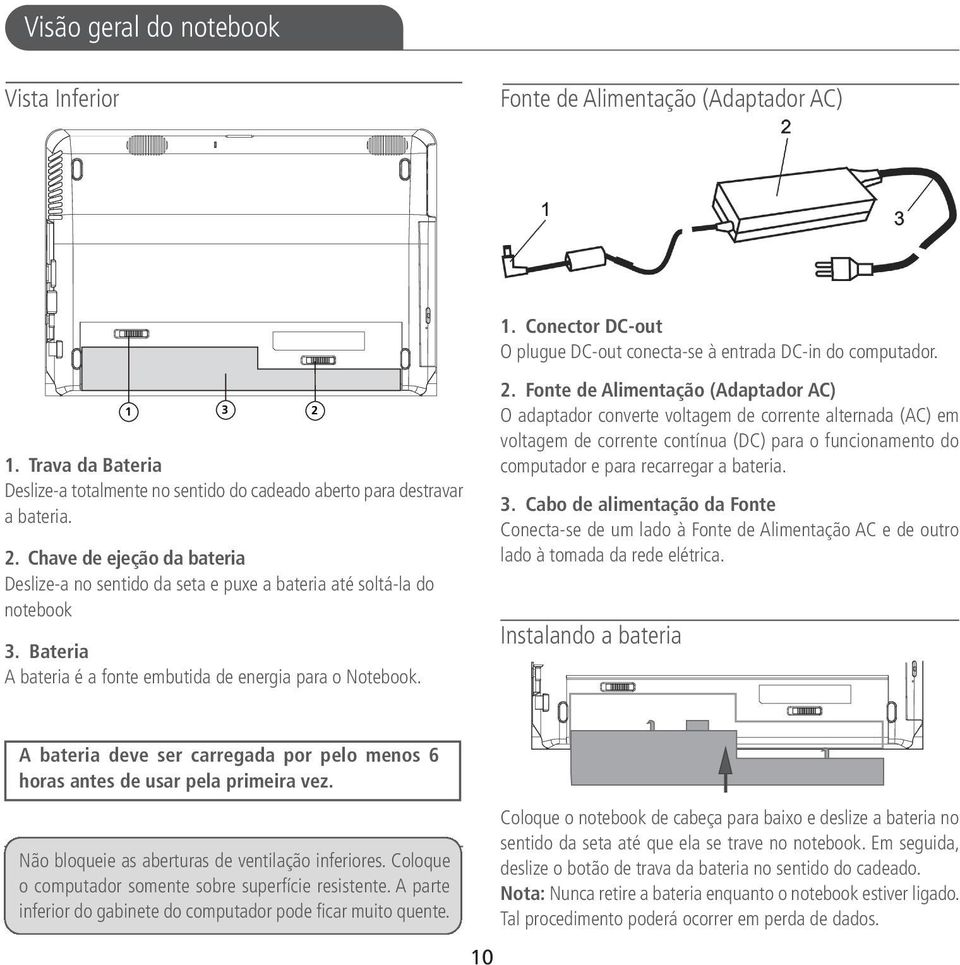 Bateria A bateria é a fonte embutida de energia para o Notebook. 2.