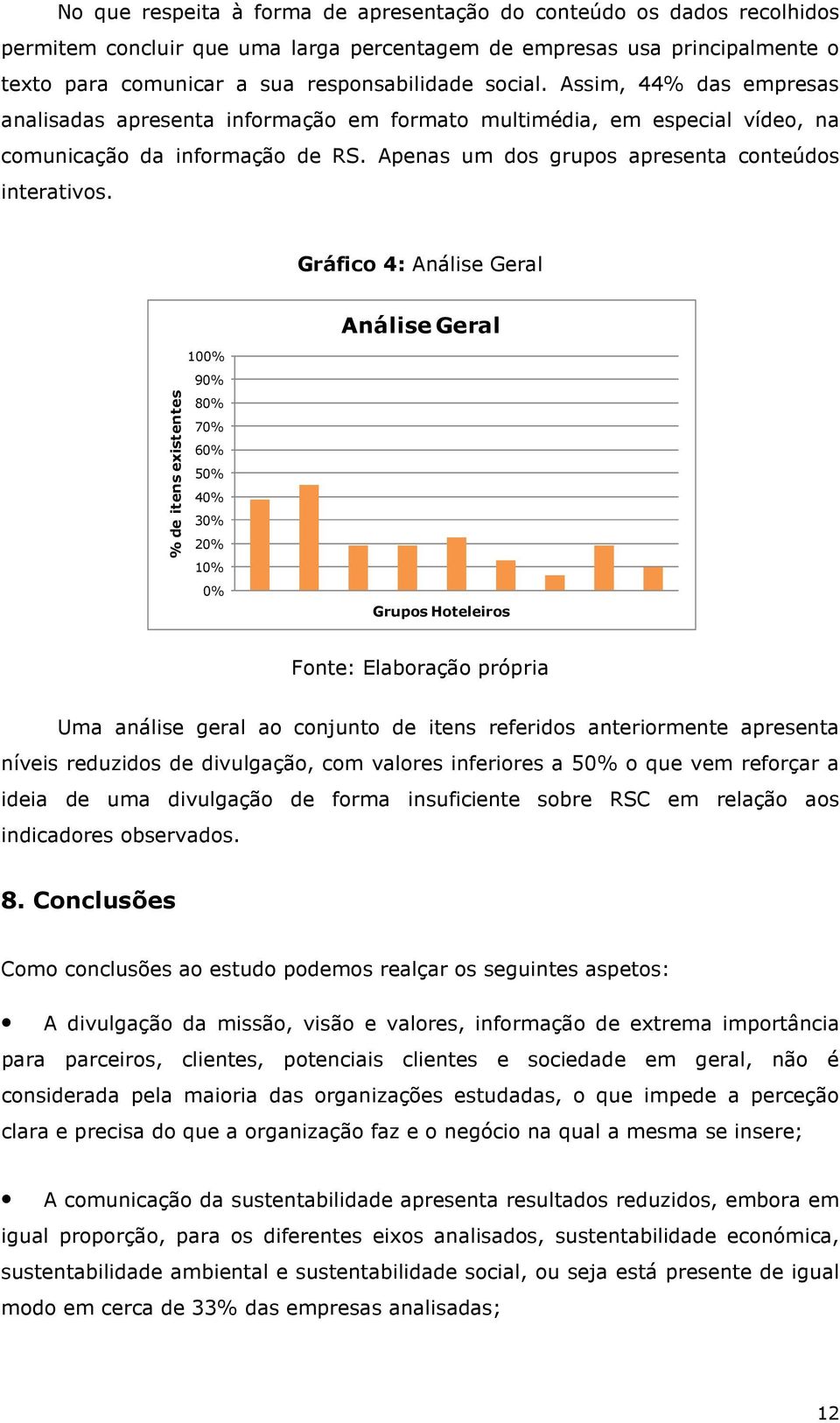 Gráfico 4: Análise Geral Análise Geral % de itens existentes 100% 90% 80% 70% 60% 50% 40% 30% 20% 10% 0% Grupos Hoteleiros Fonte: Elaboração própria Uma análise geral ao conjunto de itens referidos