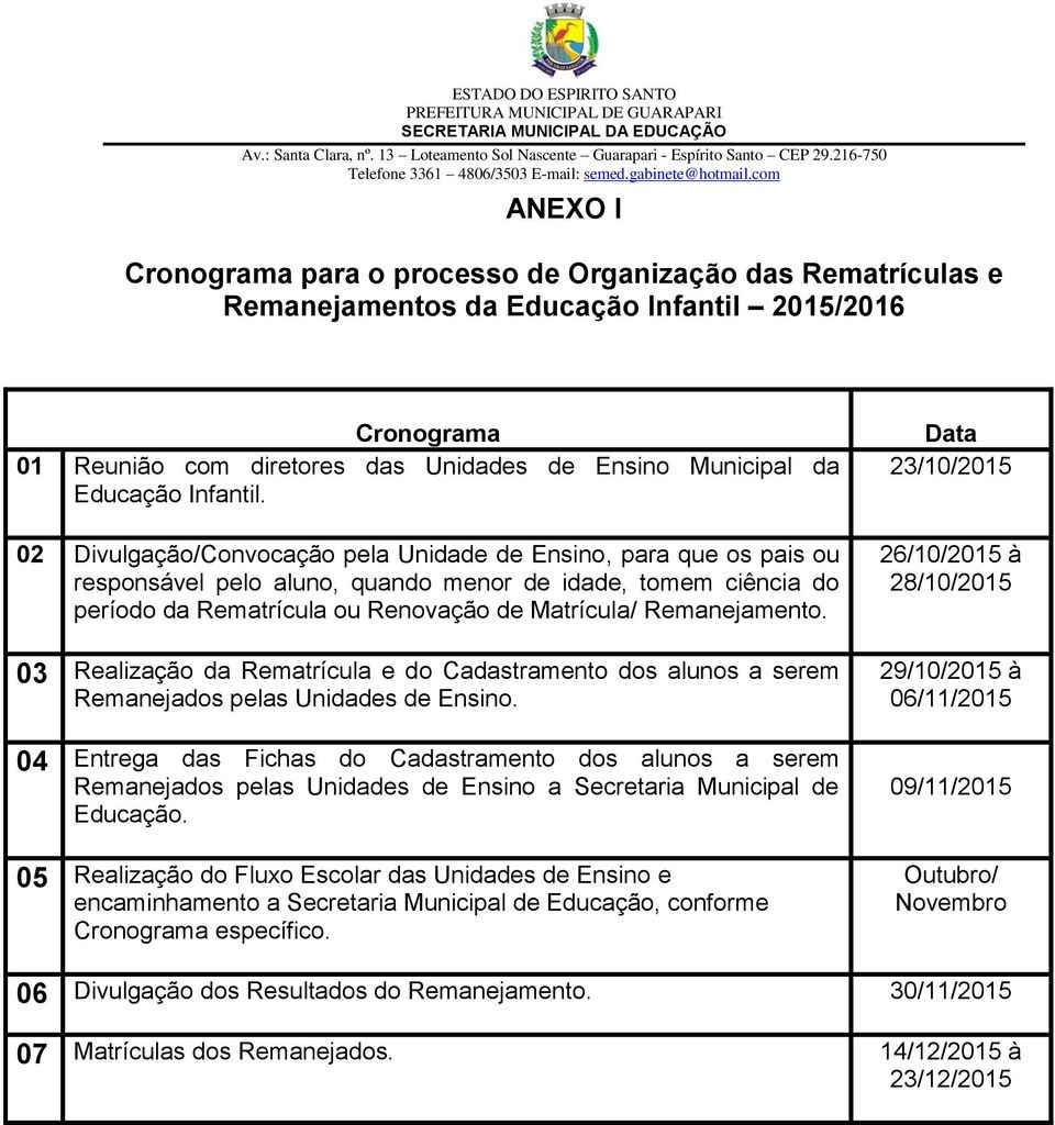 02 Divulgação/Convocação pela Unidade de Ensino, para que os pais ou responsável pelo aluno, quando menor de idade, tomem ciência do período da Rematrícula ou Renovação de Matrícula/ Remanejamento.