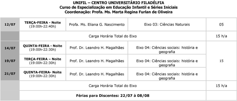 Leandro H. Magalhães Eixo 04: Ciências sociais: história e geografia 15 21/07 QUINTA-FEIRA- Noite Prof. Dr.
