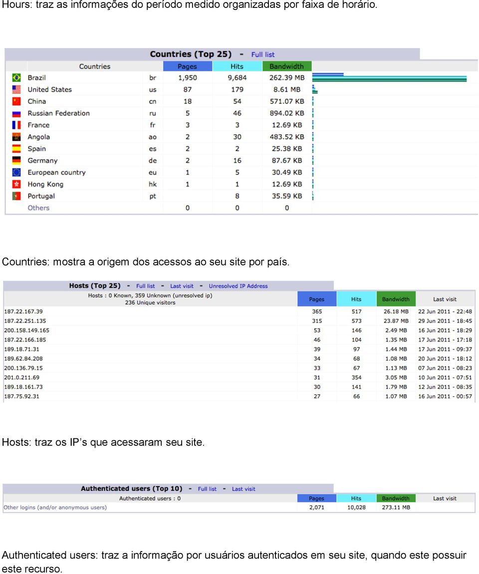 Hosts: traz os IP s que acessaram seu site.