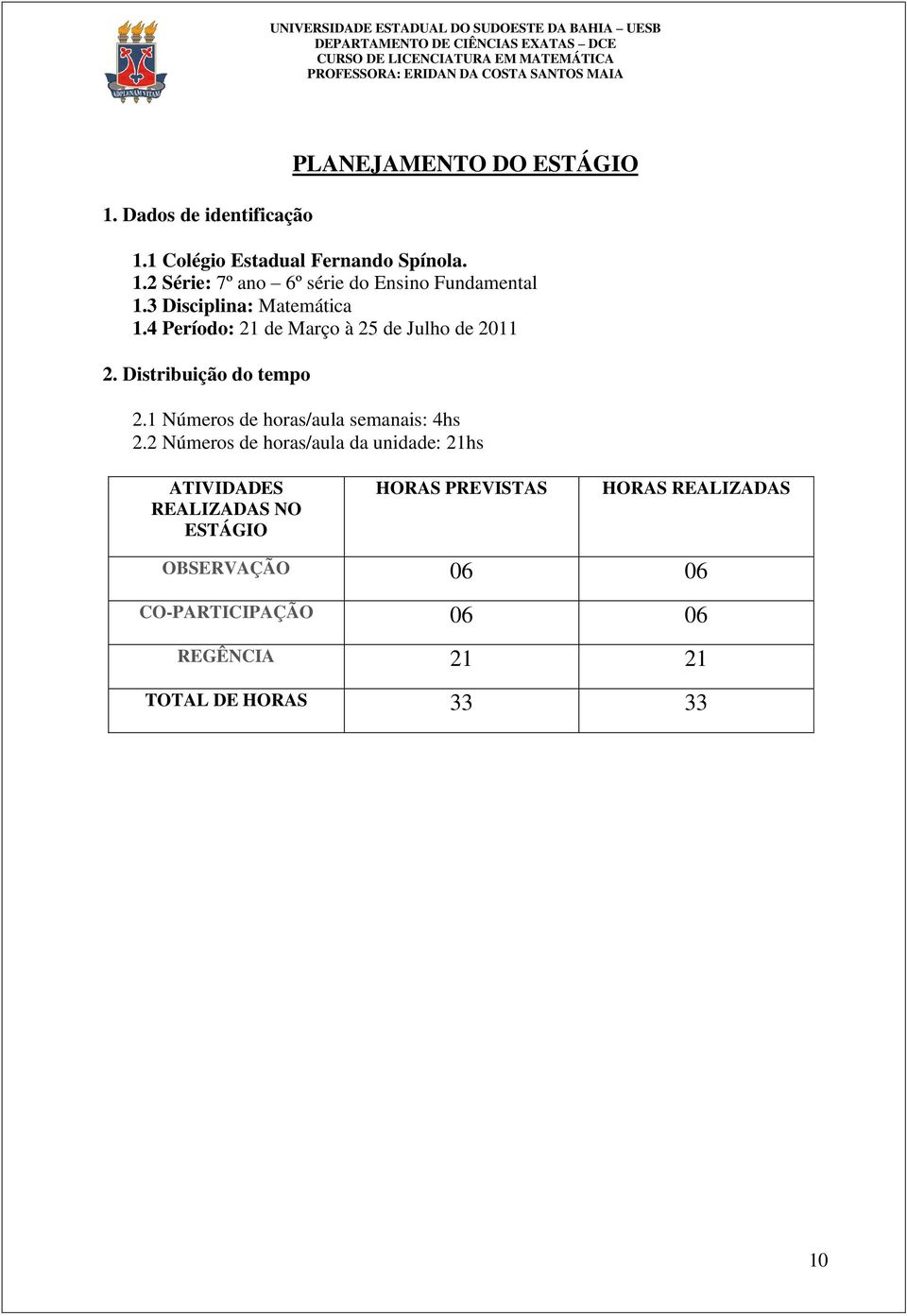 1 Números de horas/aula semanais: 4hs 2.