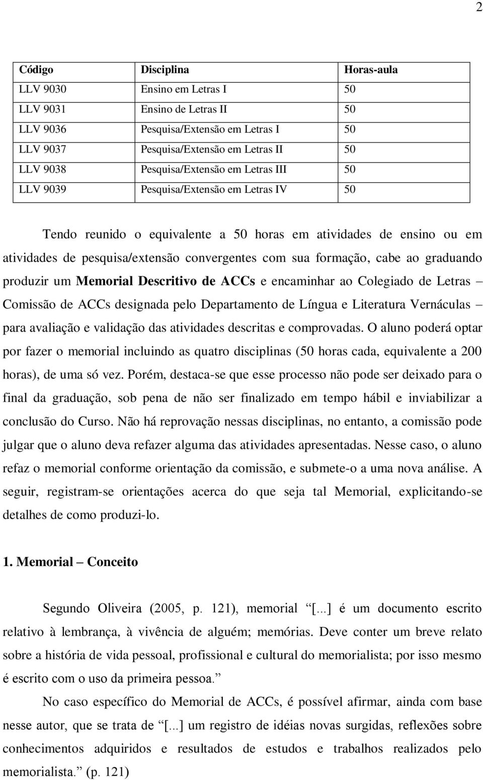 formação, cabe ao graduando produzir um Memorial Descritivo de ACCs e encaminhar ao Colegiado de Letras Comissão de ACCs designada pelo Departamento de Língua e Literatura Vernáculas para avaliação e