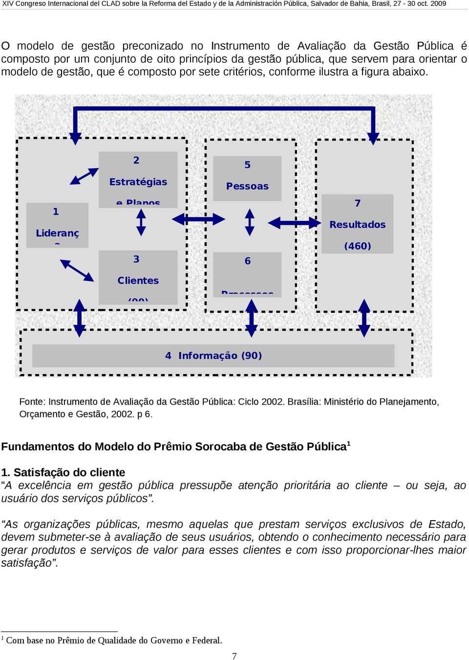 2 5 Estratégias Pessoas 1 Lideranç a e Planos 3 6 7 Resultados (460) Clientes (90) Processos 4 Informação (90) Fonte: Instrumento de Avaliação da Gestão Pública: Ciclo 2002.