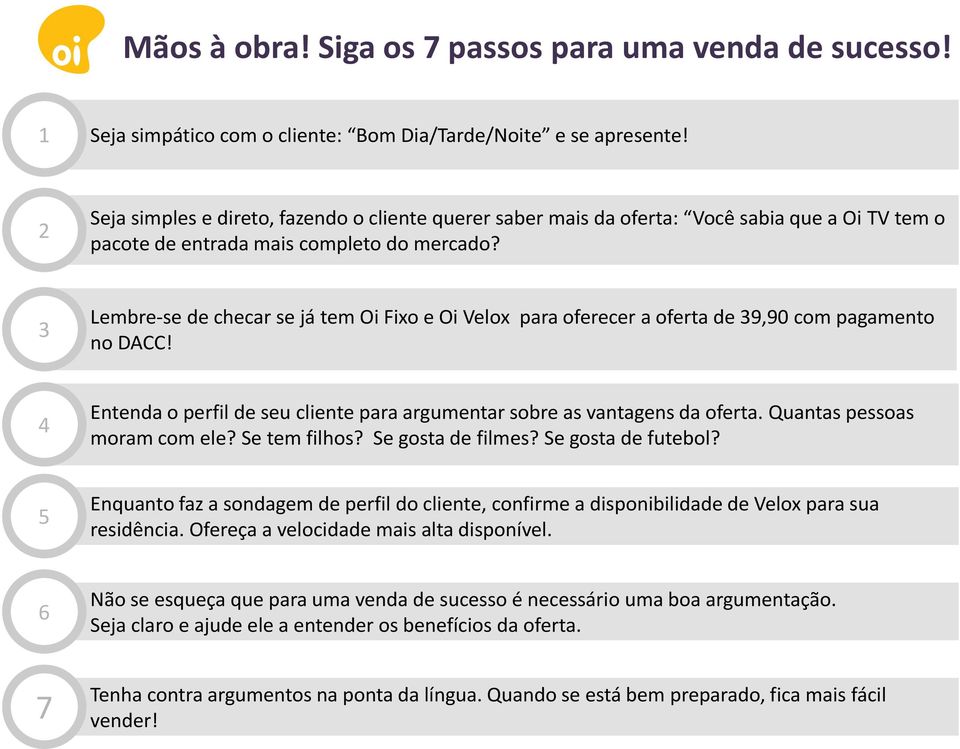 3 Lembre-se de checar se já tem Oi Fixo e Oi Velox para oferecer a oferta de 39,90 com pagamento no DACC! 4 Entenda o perfil de seu cliente para argumentar sobre as vantagens da oferta.