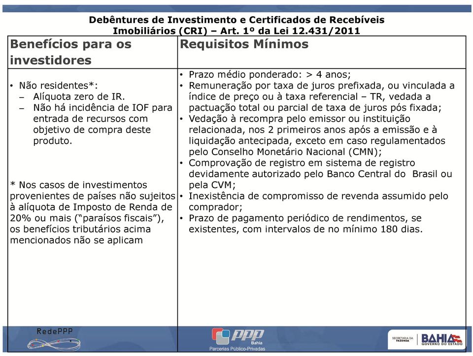 * Nos casos de investimentos provenientes de países não sujeitos à alíquota de Imposto de Renda de 20% ou mais ( paraísos fiscais ), os benefícios tributários acima mencionados não se aplicam