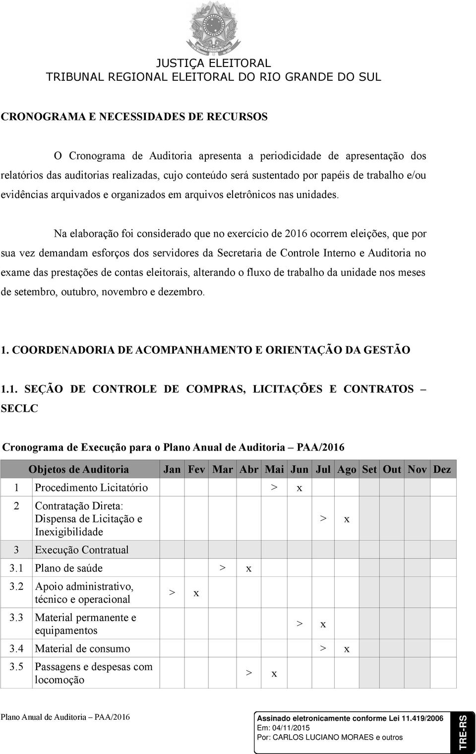 Na elaboração foi considerado que no exercício de 2016 ocorrem eleições, que por sua vez demandam esforços dos servidores da Secretaria de Controle Interno e Auditoria no exame das prestações de