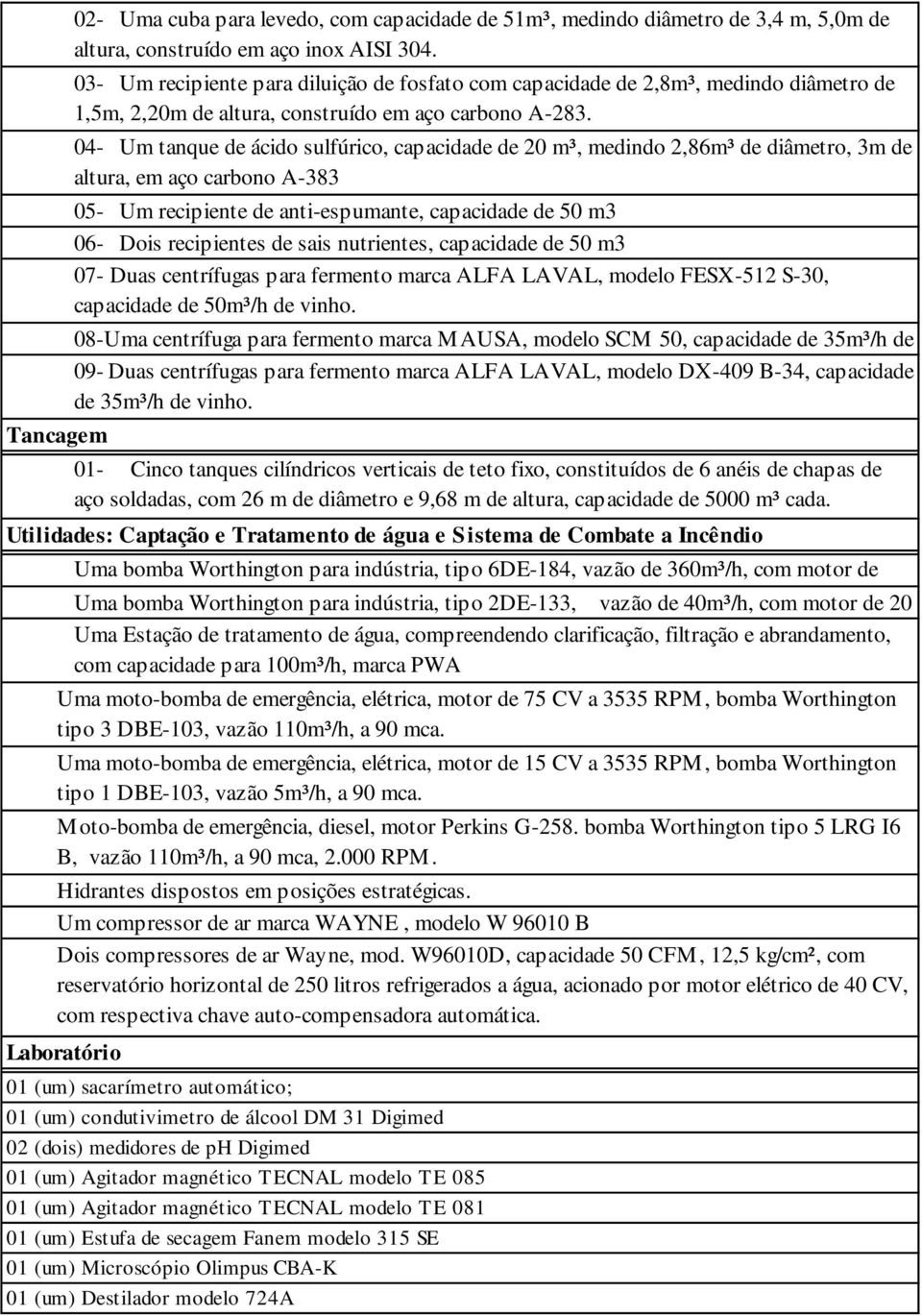 04- Um tanque de ácido sulfúrico, capacidade de 20 m³, medindo 2,86m³ de diâmetro, 3m de altura, em aço carbono A-383 05- Um recipiente de anti-espumante, capacidade de 50 m3 06- Dois recipientes de