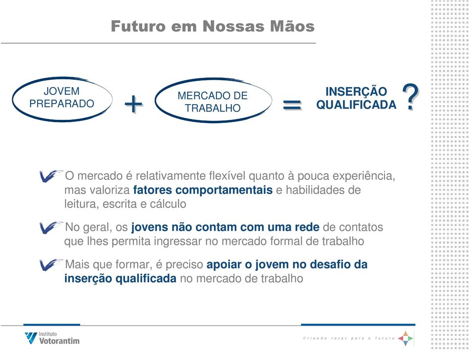 habilidades de leitura, escrita e cálculo No geral, os jovens não contam com uma rede de contatos que lhes