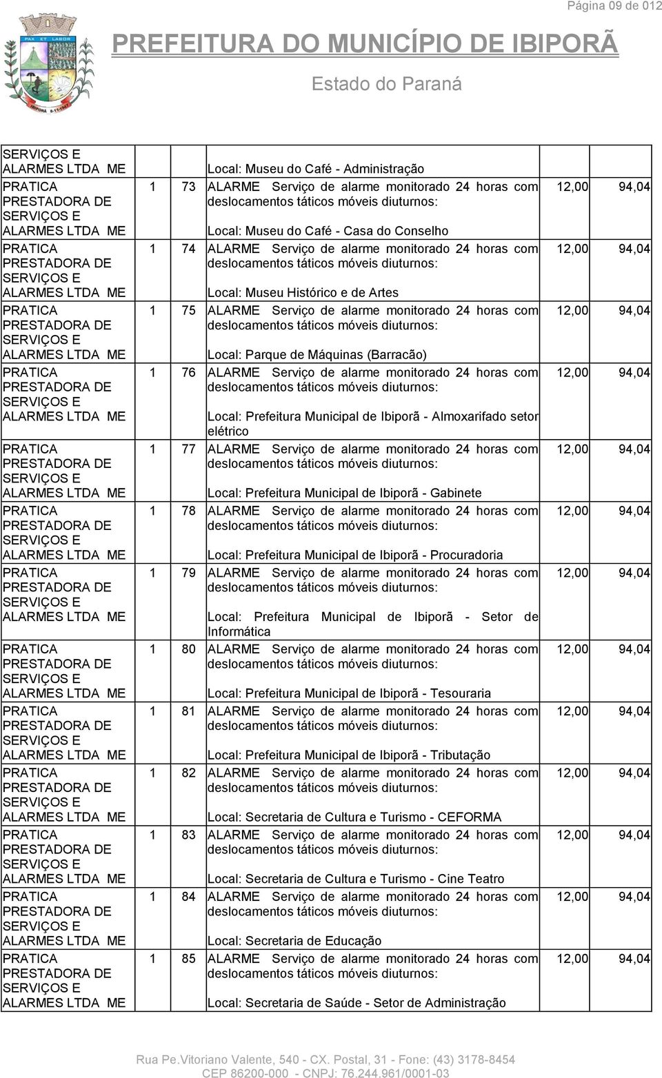 Prefeitura Municipal de Ibiporã - Almoxarifado setor elétrico 1 77 ALARME Serviço de alarme monitorado 24 horas com Local: Prefeitura Municipal de Ibiporã - Gabinete 1 78 ALARME Serviço de alarme