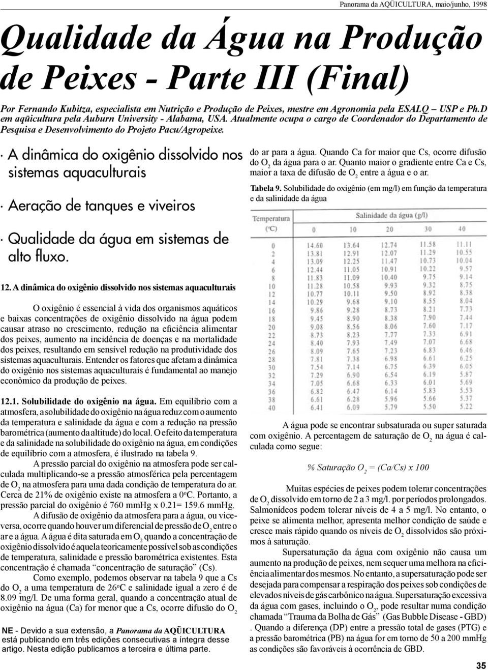 A dinâmica do oxigênio dissolvido nos sistemas aquaculturais Aeração de tanques e viveiros do ar para a água. Quando Ca for maior que Cs, ocorre difusão do O 2 da água para o ar.