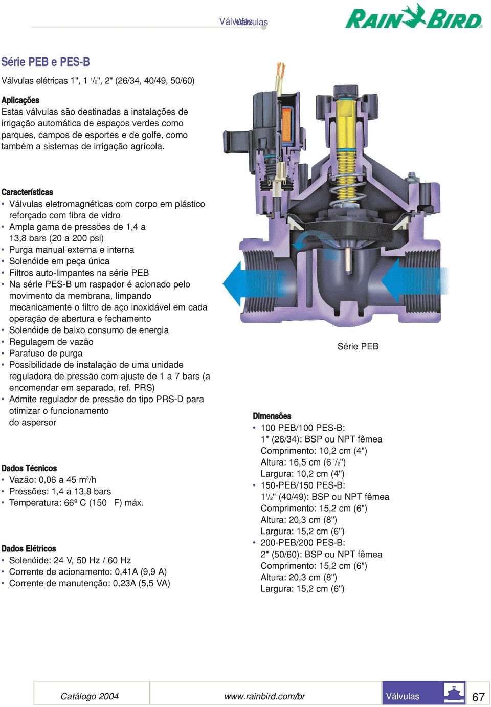 Características Válvulas eletromagnéticas com corpo em plástico reforçado com fibra de vidro Ampla gama de pressões de 1,4 a 13,8 bars (20 a 200 psi) Purga manual externa e interna Solenóide em peça