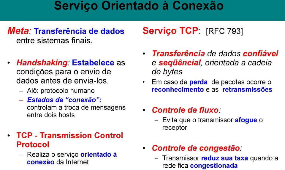 conexão da Internet Serviço TCP: [RFC 793] Transferência de dados confiável e seqüêncial, orientada a cadeia de bytes Em caso de perda de pacotes ocorre o