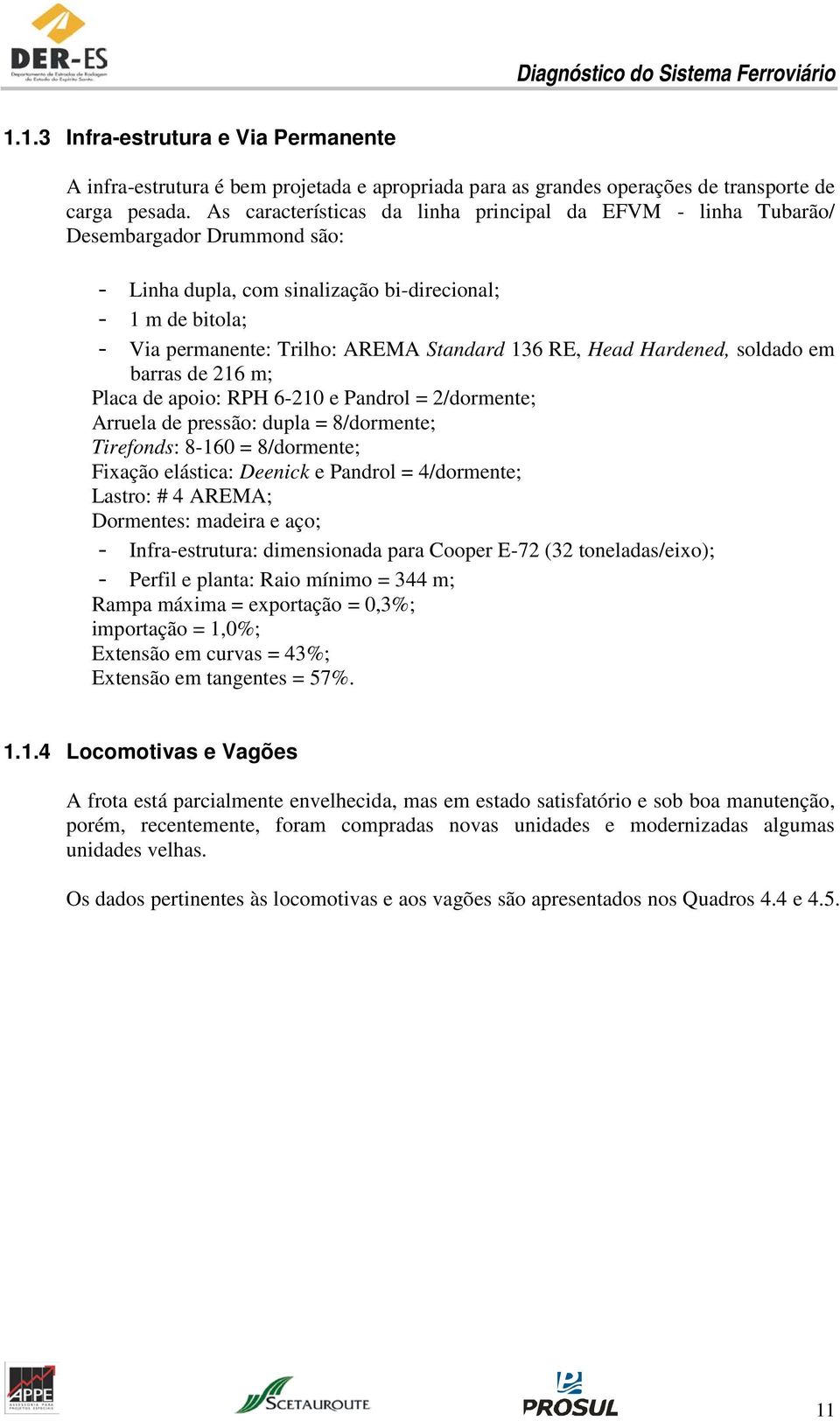 RE, Head Hardened, soldado em barras de 216 m; Placa de apoio: RPH 6-210 e Pandrol = 2/dormente; Arruela de pressão: dupla = 8/dormente; Tirefonds: 8-160 = 8/dormente; Fixação elástica: Deenick e