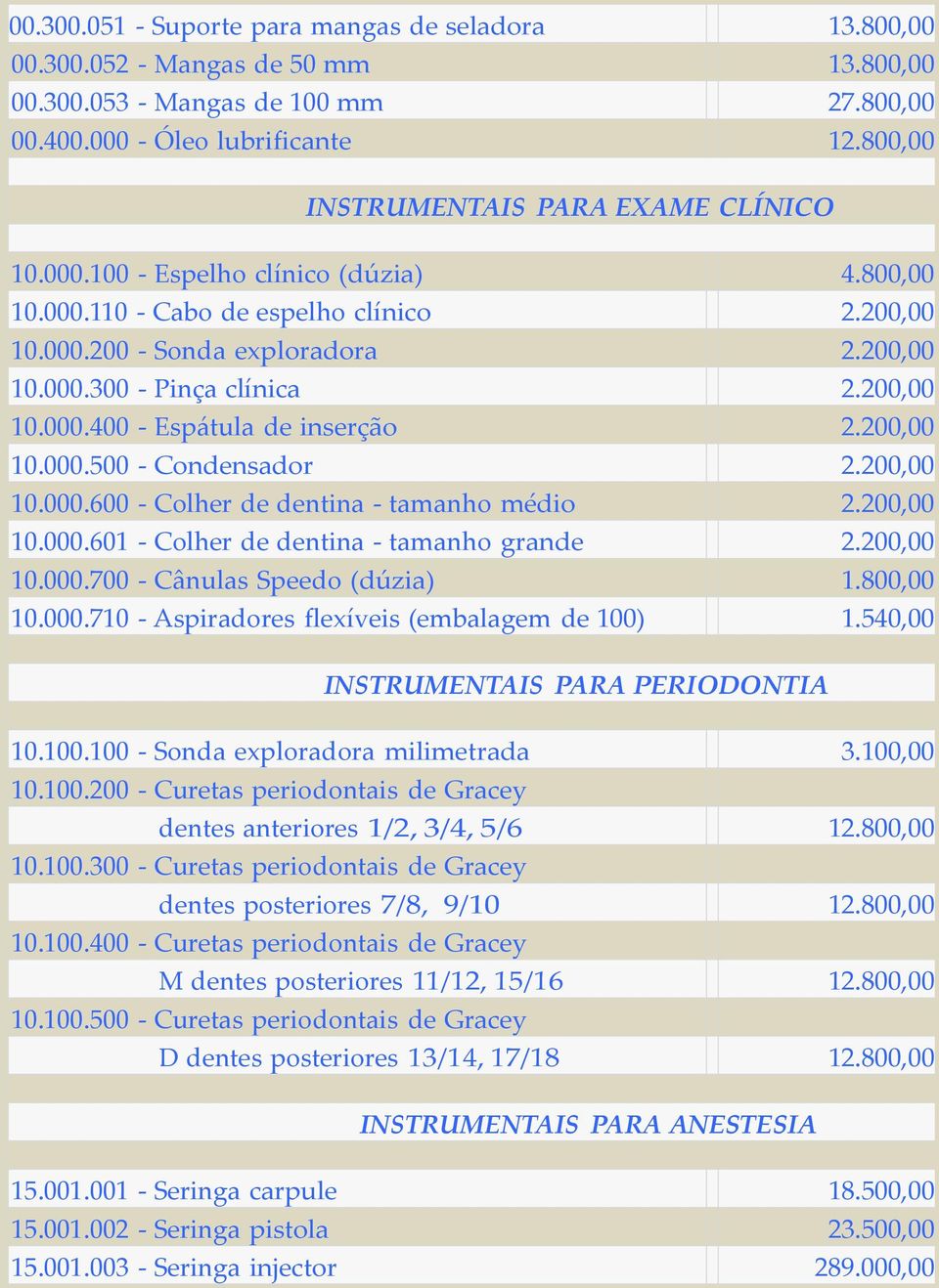 200,00 10.000.400 - Espátula de inserção 2.200,00 10.000.500 - Condensador 2.200,00 10.000.600 - Colher de dentina - tamanho médio 2.200,00 10.000.601 - Colher de dentina - tamanho grande 2.200,00 10.000.700 - Cânulas Speedo (dúzia) 1.