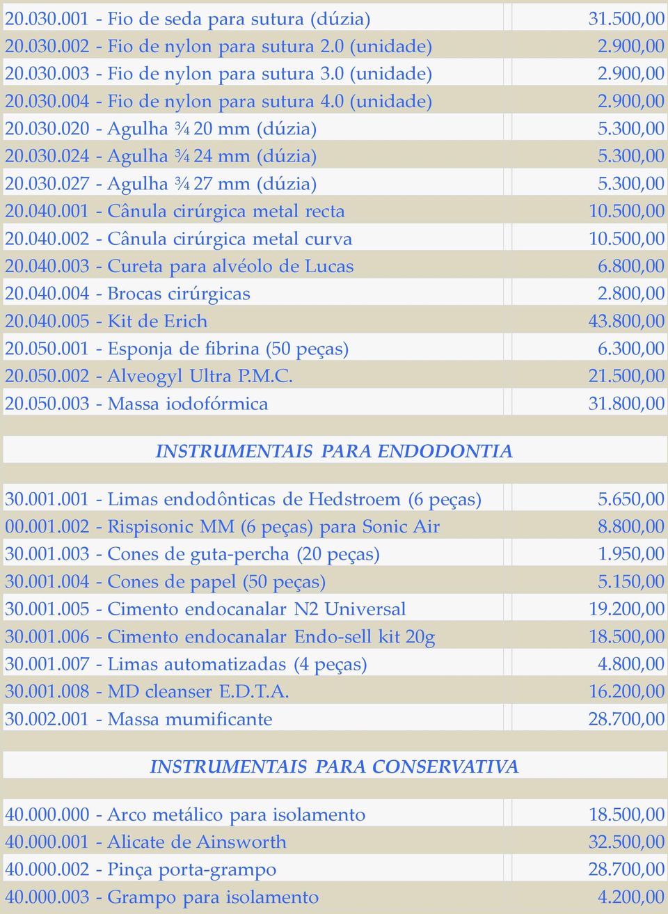 001 - Cânula cirúrgica metal recta 10.500,00 20.040.002 - Cânula cirúrgica metal curva 10.500,00 20.040.003 - Cureta para alvéolo de Lucas 6.800,00 20.040.004 - Brocas cirúrgicas 2.800,00 20.040.005 - Kit de Erich 43.